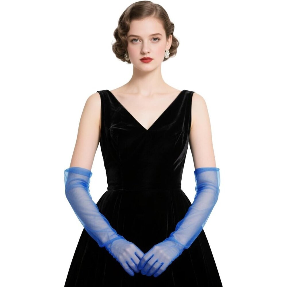 Women's Tulle Dark Blue Long Satin Gloves Evening Elbow Length Party Costumes